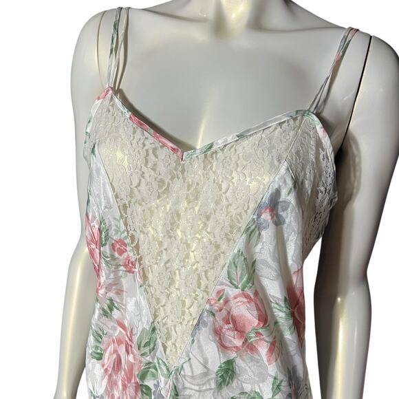 Sedu Large Floral Sleepwear Slip Nightgown White Pink Roses Lace V-Neck - Picture 2 of 7